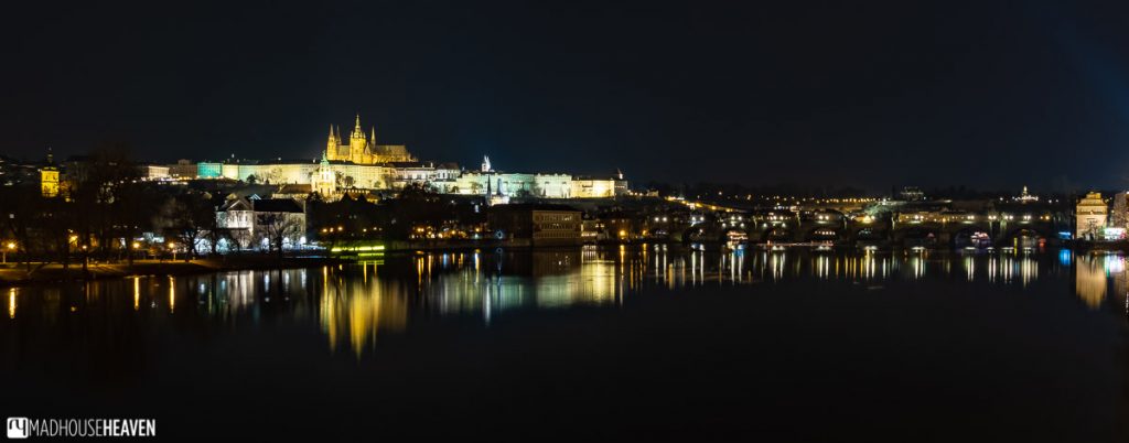 Night panorama of the Prague Castle and the Charles Bridge
