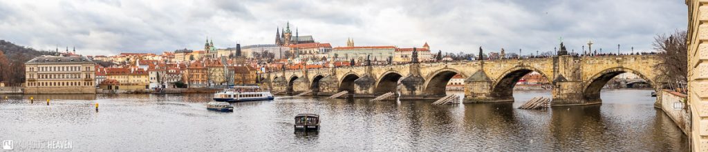 Panorama of the Charles Bridge, with the Prague Castle in the background
