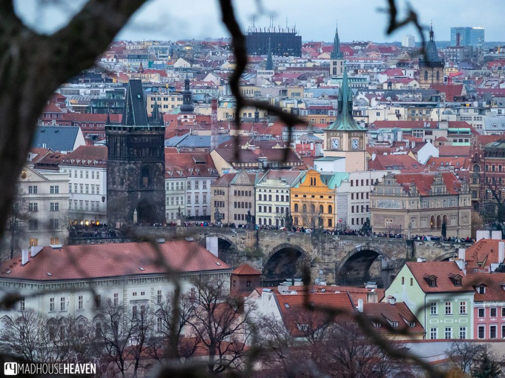 View of Charles Bridge and the tower from the Prague Castle hill