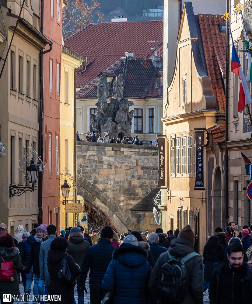 Charles Bridge in Prague, seen from the Castle side of the Vltava River
